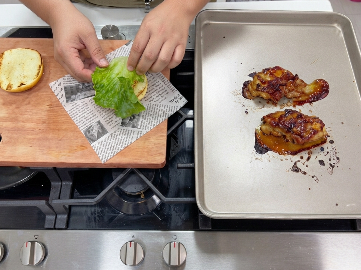Salsa teriyaki siendo aplicada con brocha sobre los muslos de pollo sellados dispuestos en una bandeja para hornear.