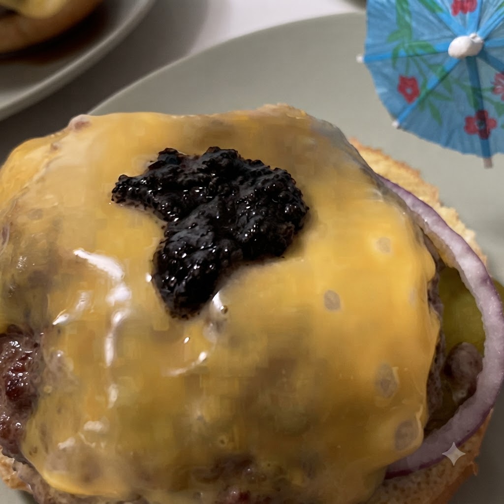 Una porción oscura de paté de trufa negra colocada con cuchara sobre el queso amarillo fundido de una hamburguesa.