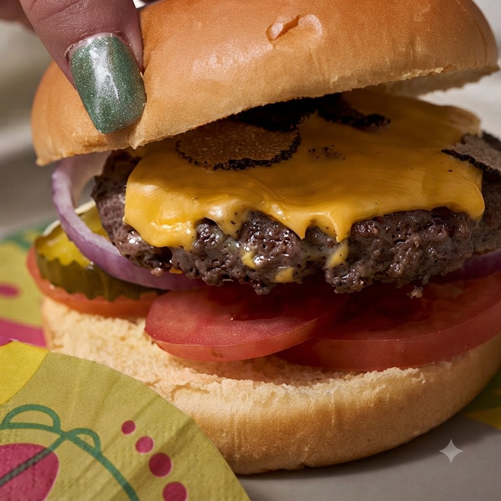 El pan superior siendo colocado sobre el queso fundido y la hamburguesa de ternera para ensamblar el plato.