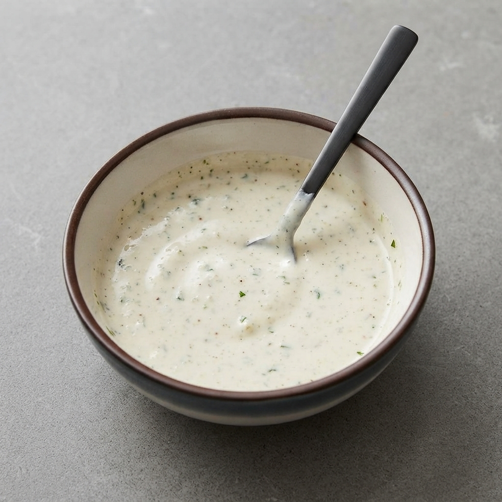 Un tazón de cerámica que contiene una salsa blanca cremosa salpicada de hierbas y especias, siendo mezclada con una cuchara.