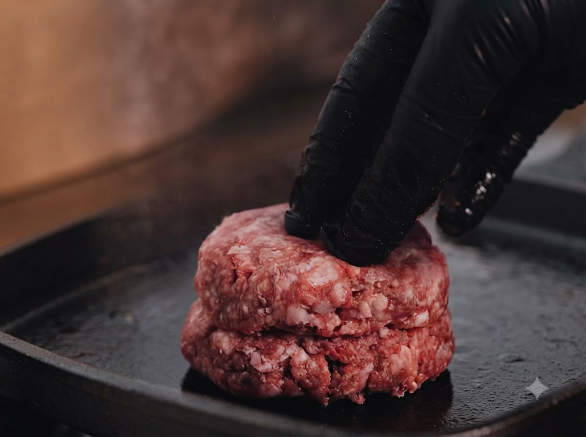 Una mano con guante ajustando hamburguesas de res crudas en la superficie caliente de una parrilla plana.