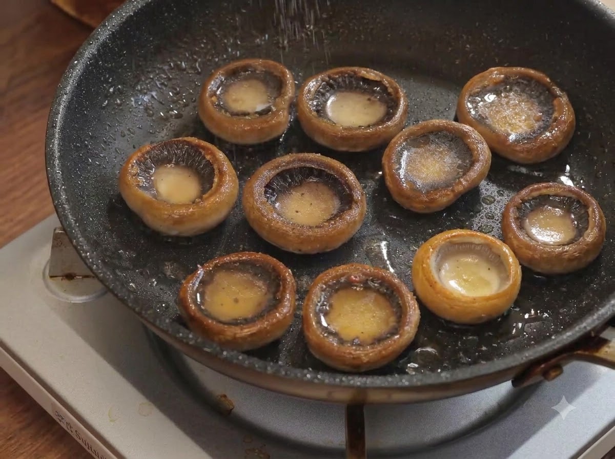 Una vista superior de múltiples champiñones cocinándose en una sartén mientras se espolvorea condimento sobre ellos.