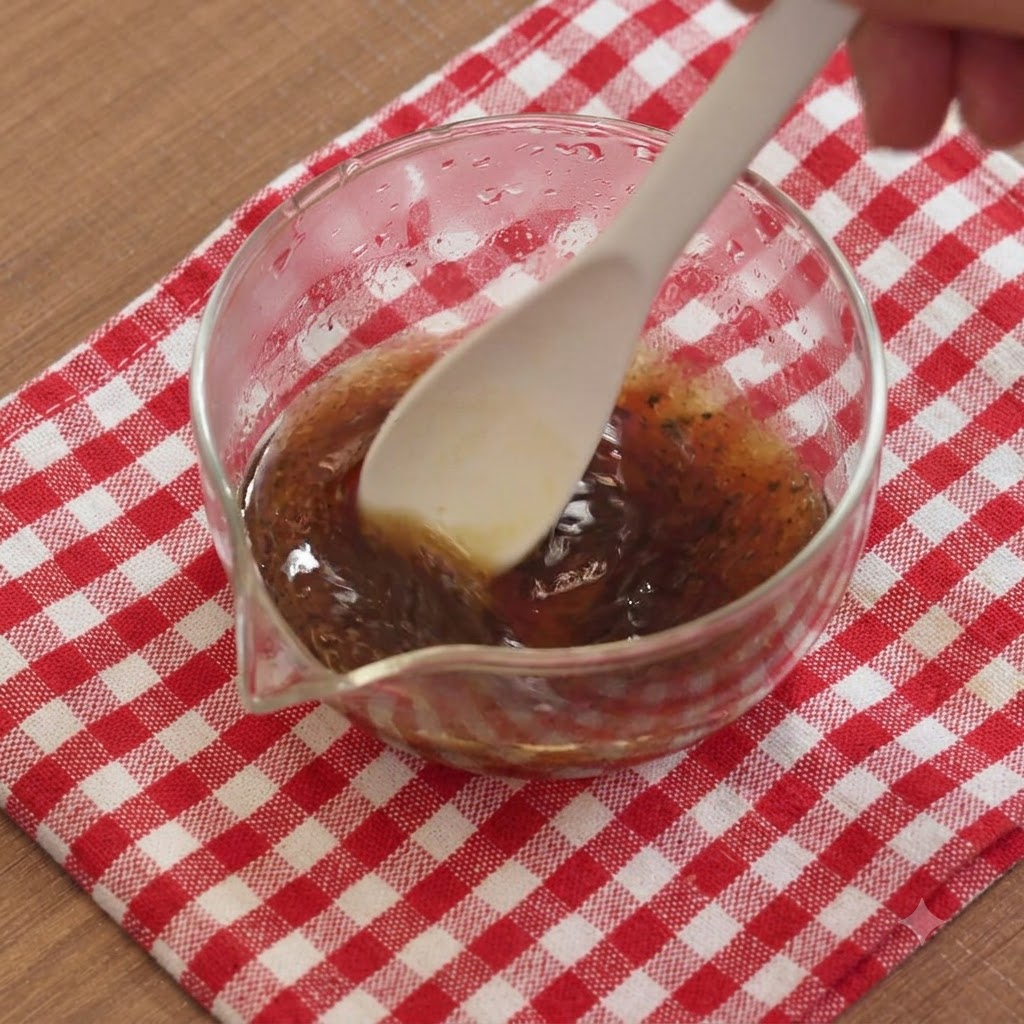 Una cuchara removiendo salsa de soja clara y salsa de trufa negra en un tazón de jugo de champiñón sobre un paño a cuadros rojos.