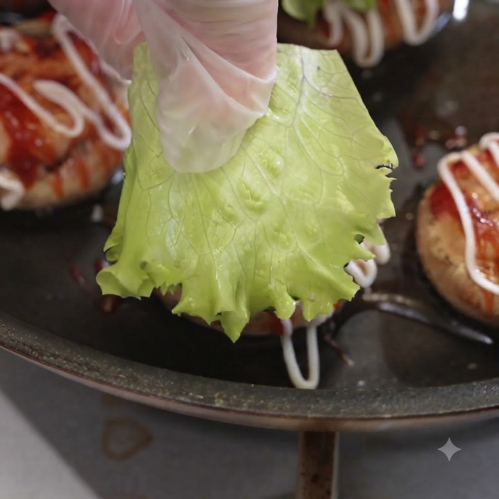 Una mano enguantada sosteniendo una hoja de lechuga verde fresca sobre un sombrero de champiñón cubierto de salsas.