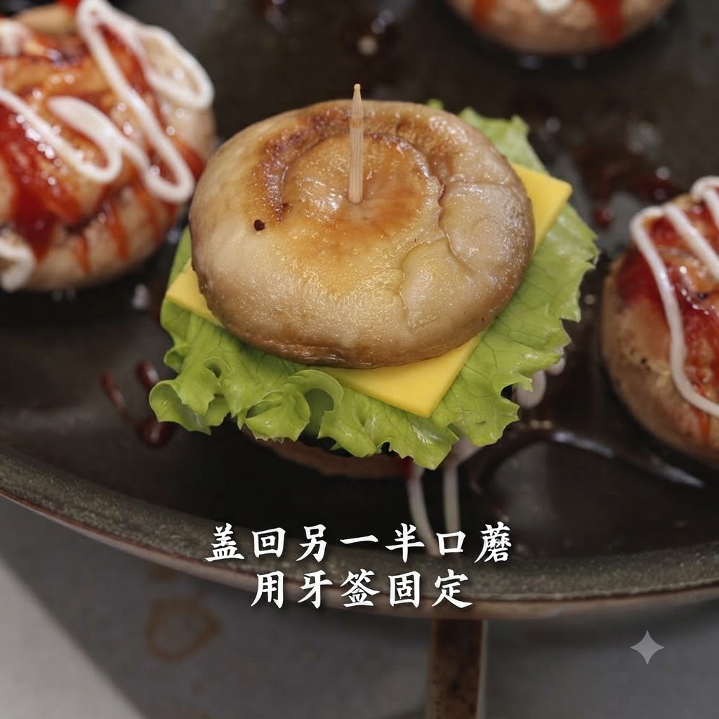 Una mini hamburguesa de champiñón relleno armada y atravesada verticalmente con un palillo en el centro.