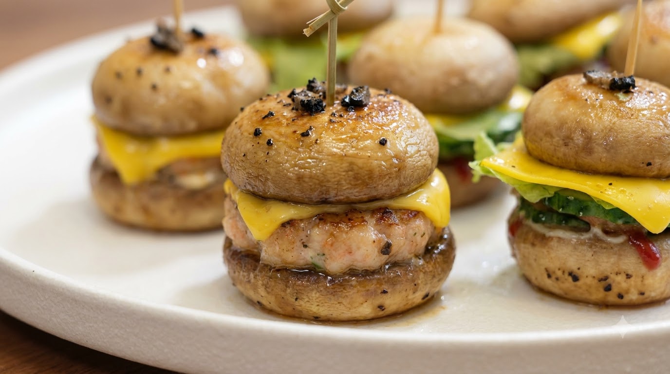 Mini Hamburguesas de Hongos y Pasta de Camarón con Trufa Negra