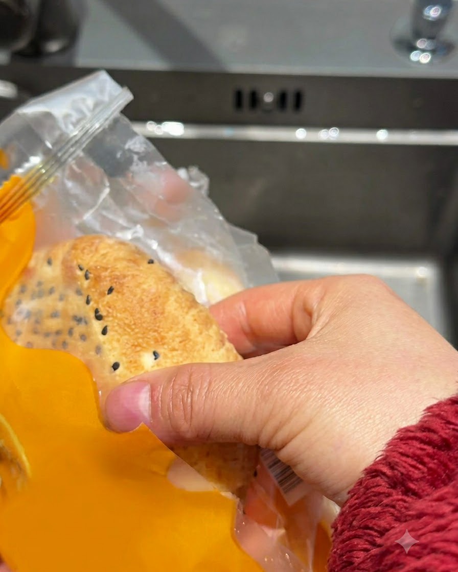 Panes de hamburguesa congelados siendo enjuagados brevemente bajo el grifo de agua corriente en el fregadero de la cocina.