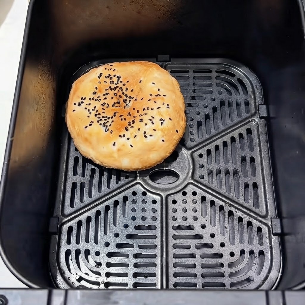 Un solo pan de hamburguesa reposando dentro de la cesta oscura de una freidora de aire.