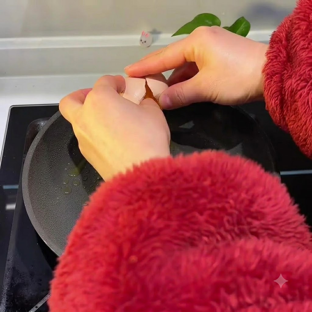 Dos huevos siendo cascados en una sartén engrasada sobre una estufa.