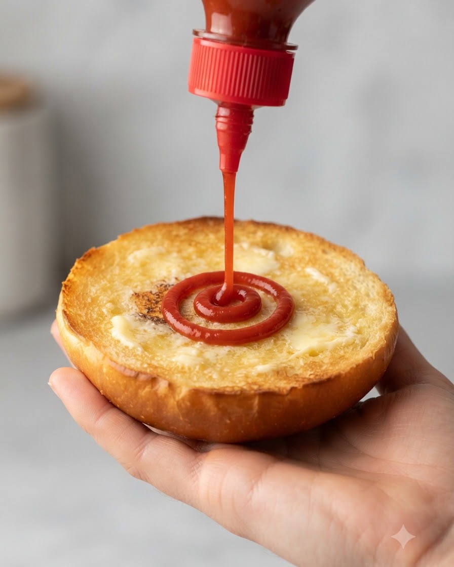 Una botella dosificadora de plástico rojo dispensando una espiral de kétchup rojo brillante sobre la superficie tostada y con mantequilla de un pan de hamburguesa sostenido en una mano.