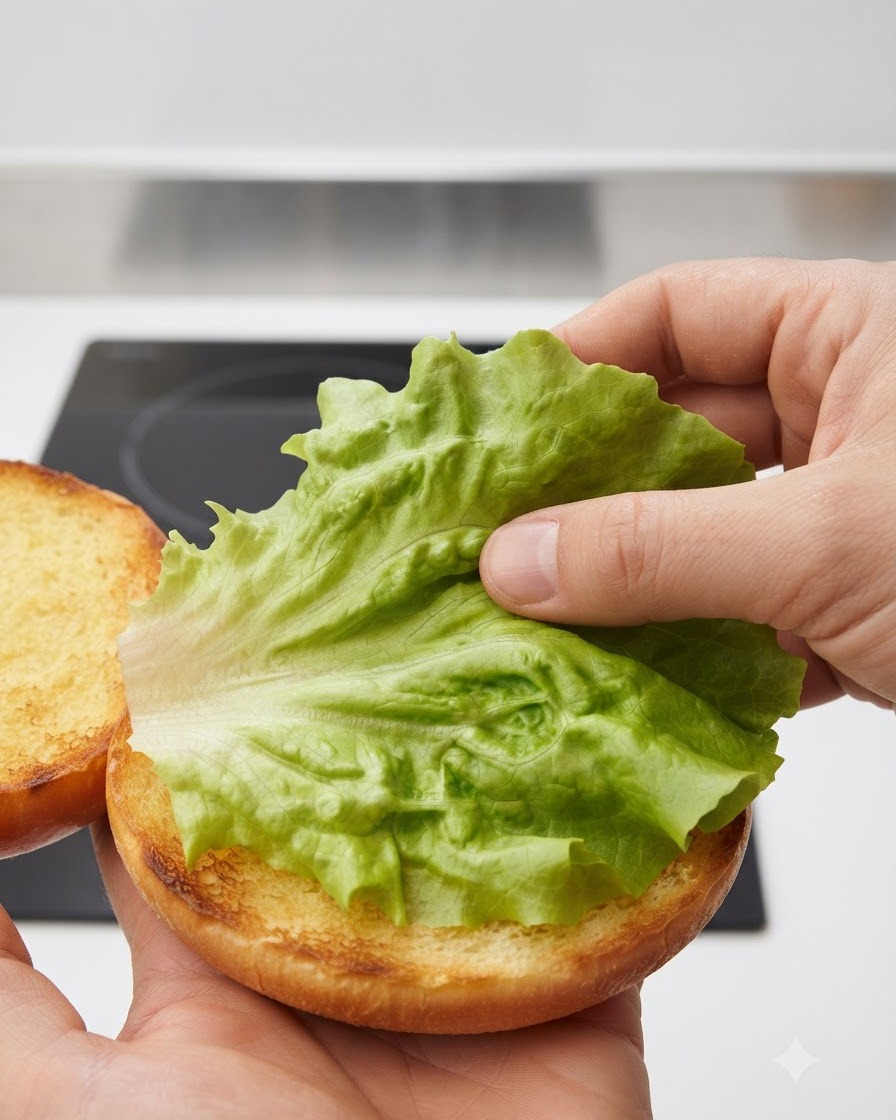 Una mano colocando una hoja de lechuga verde vibrante y rizada sobre la mitad inferior preparada de un pan de hamburguesa tostado.