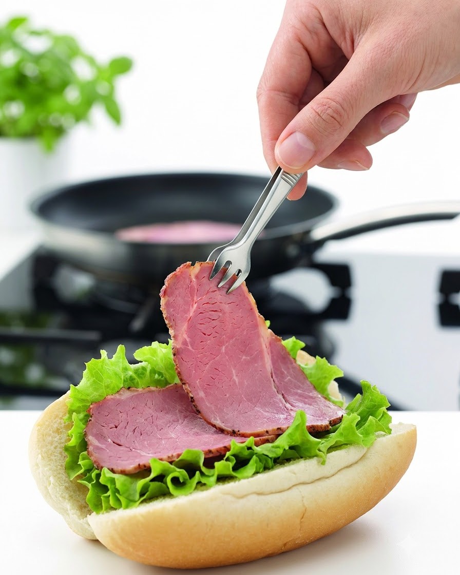 Una mano usando pinzas para colocar tiras de carne doradas sobre un pan de hamburguesa con base de lechuga.