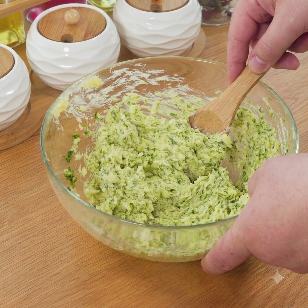 Un utensilio de madera mezclando la salsa de mantequilla de ajo verde dentro del bol de vidrio.