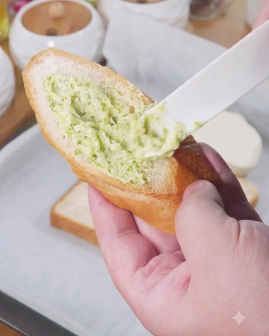 Un esparcidor de plástico aplicando salsa de mantequilla de ajo verde a una rebanada de pan.