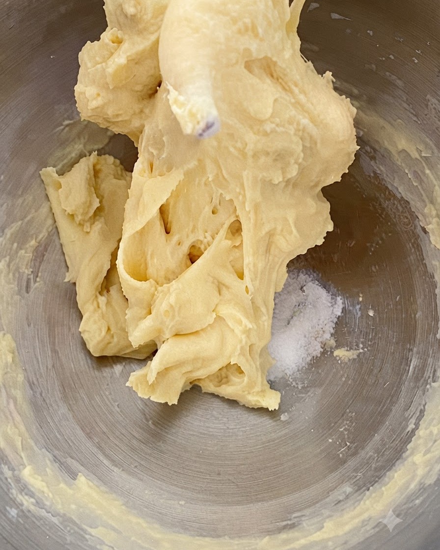 Mantequilla y sal añadidas dentro del bol que contiene la masa de brioche mezclada.