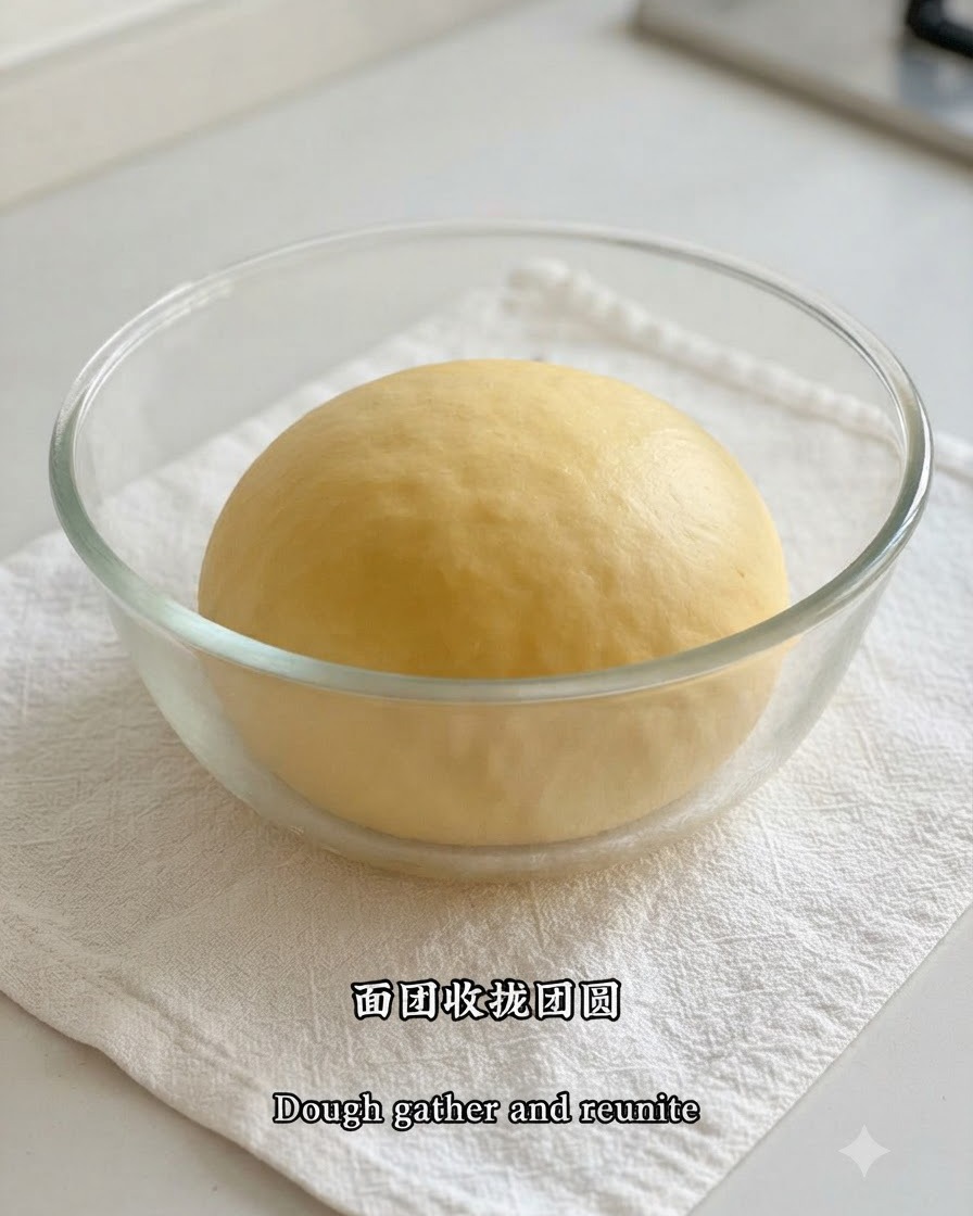 Una bola de masa de brioche suave y redondeada que reposa dentro de un bol de vidrio transparente sobre un paño blanco.