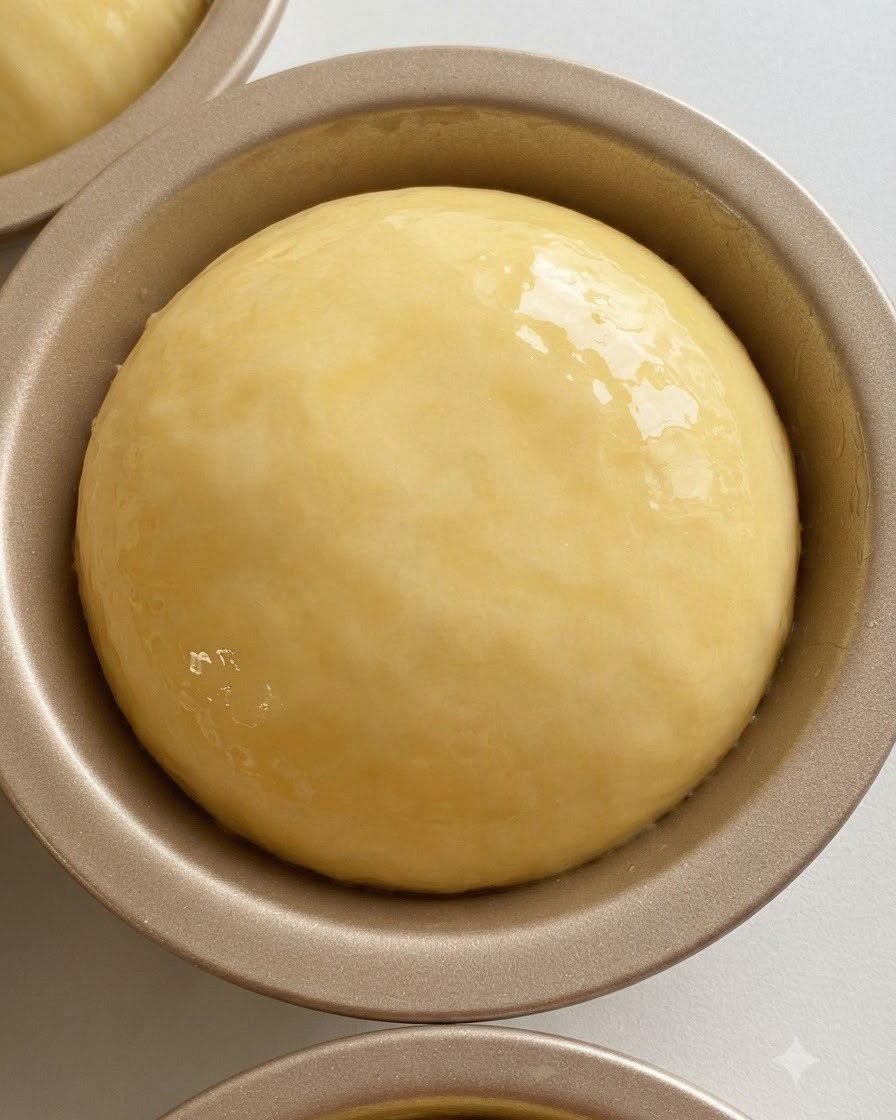 Una bola de masa suave y redonda colocada dentro de un molde metálico redondo y engrasado para hamburguesas.