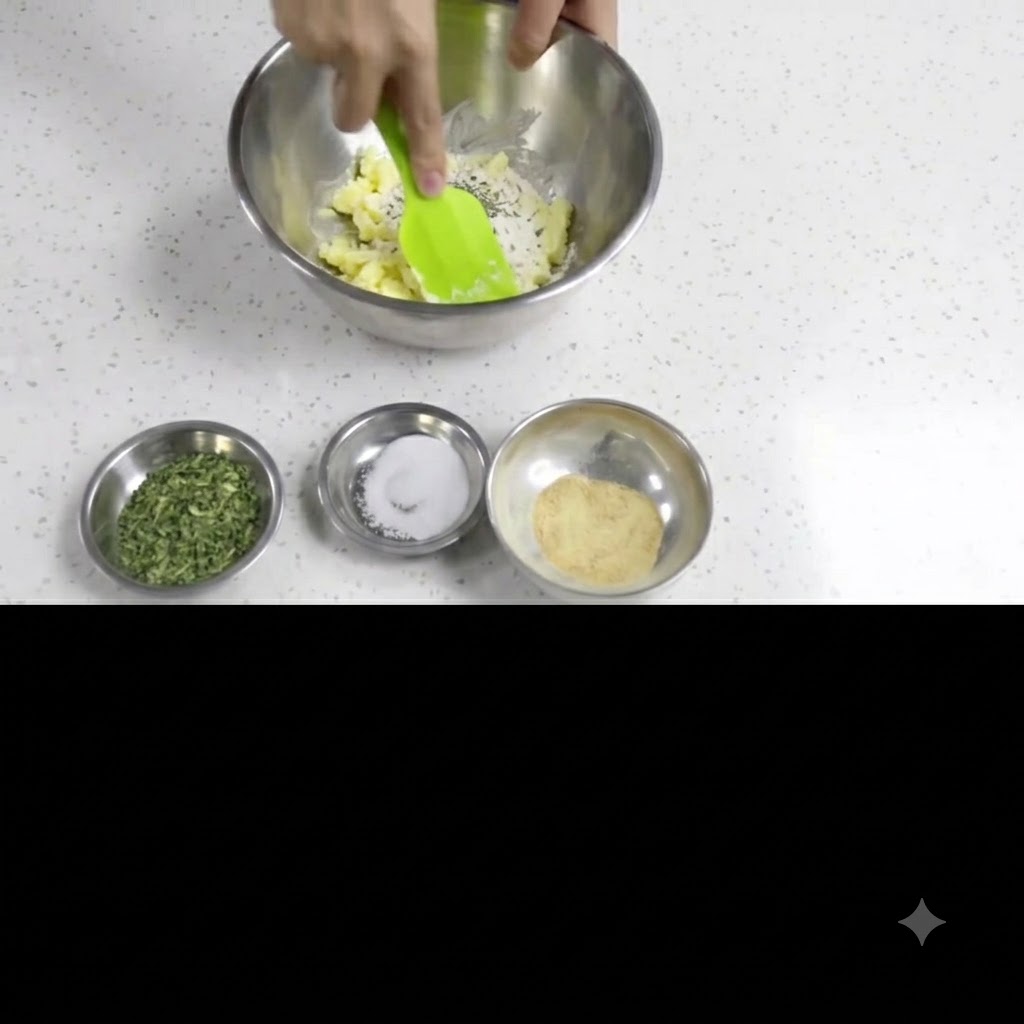 Una mano usando una espátula de silicona verde para revolver y machacar la mantequilla ablandada dentro de un tazón de mezcla de metal.