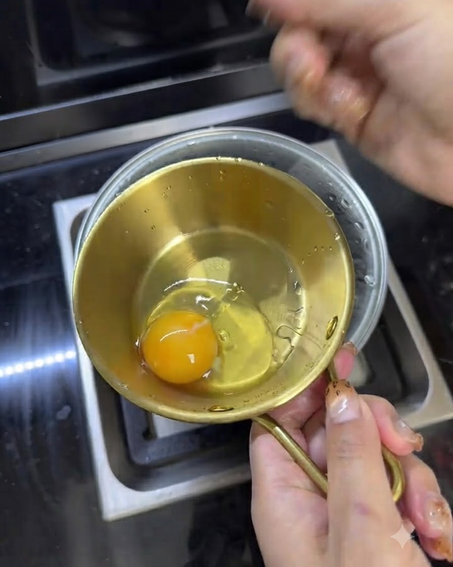 Dos huevos cascados en un pequeño cuenco dorado con un chorrito de aceite de chile rojo.