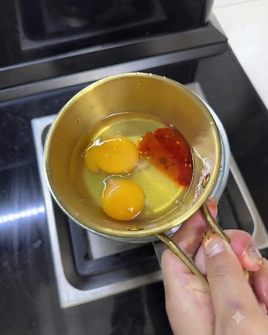 Palillos batiendo huevos y aceite de chile juntos dentro de un cuenco pequeño de metal.