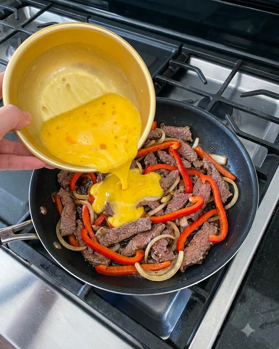 Huevos batidos siendo vertidos desde un cuenco dorado en una sartén llena de tiras de carne, cebollas y pimientos rojos.