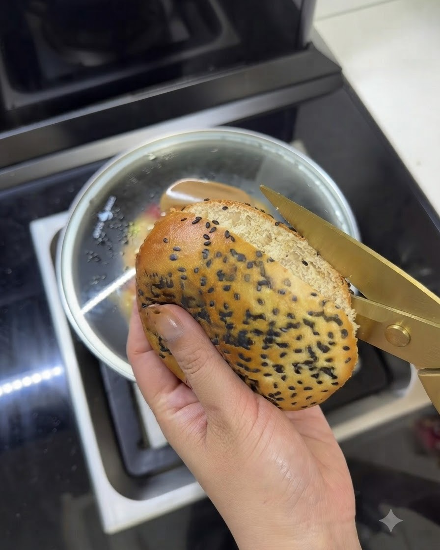 Un pan de hamburguesa de mantequilla caliente siendo abierto cuidadosamente con tijeras de cocina doradas.