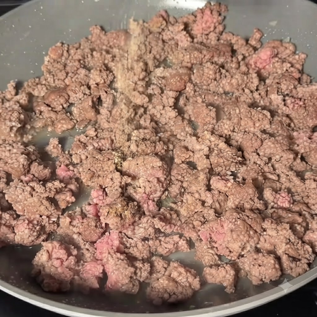Especias y polvos sazonadores espolvoreados sobre la carne picada marrón en una sartén.