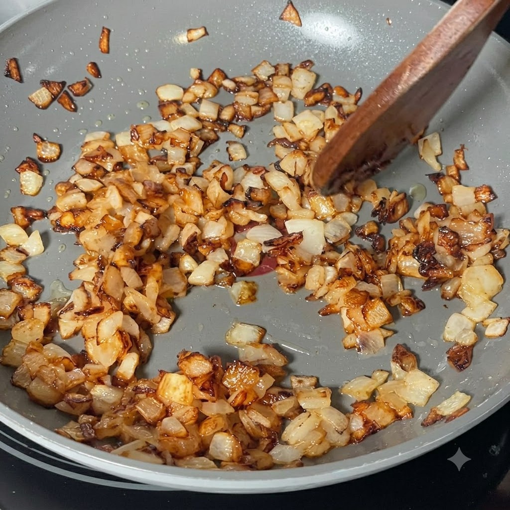 Cebollas picadas cocinándose y poniéndose de color marrón dorado en una sartén siendo revueltas con una cuchara de madera.