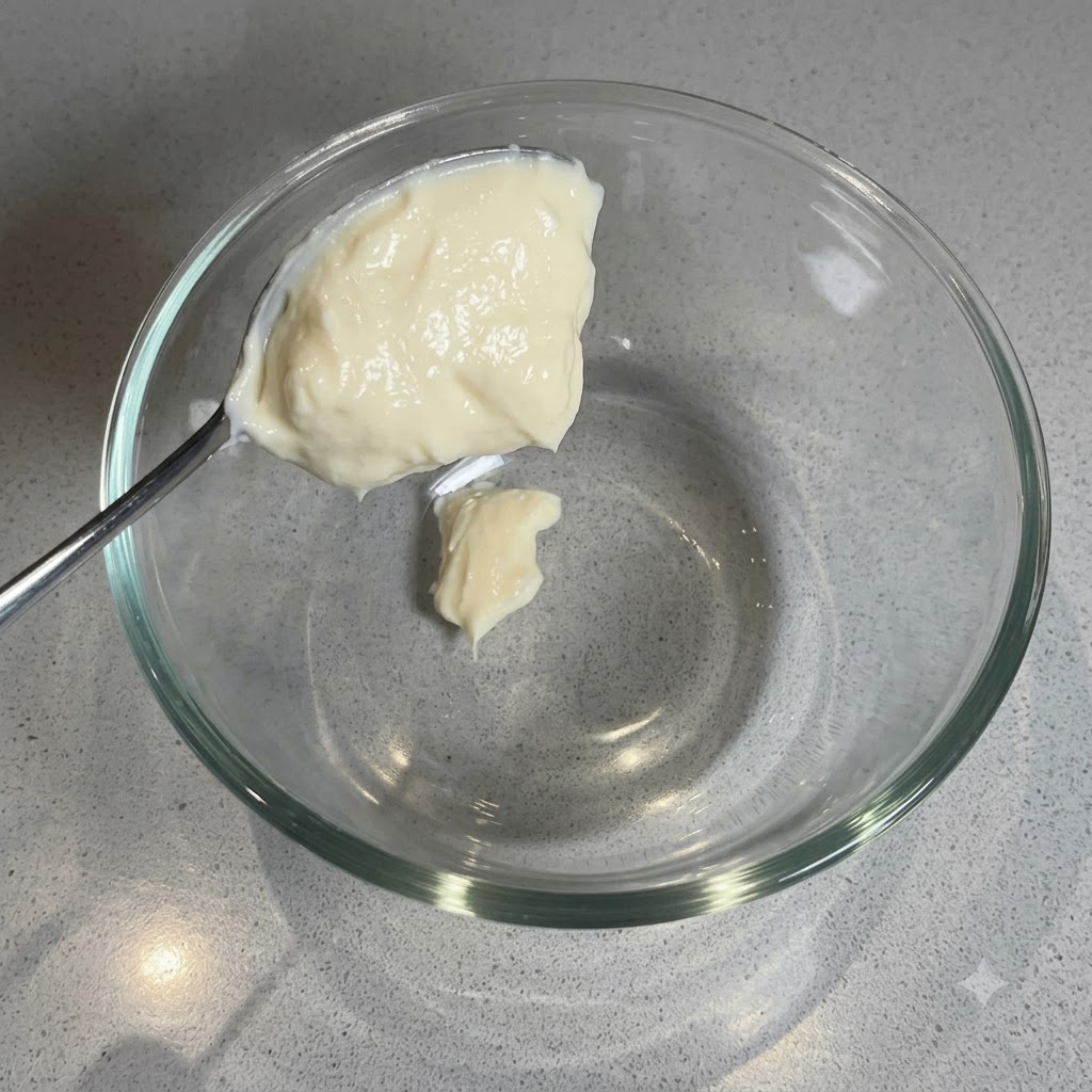Una cucharada de mayonesa cremosa blanca o yogur griego siendo añadida a un bol de vidrio vacío.