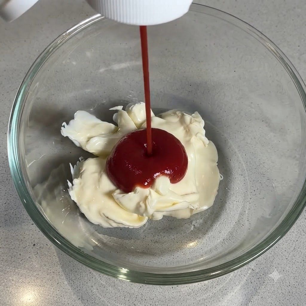 Un chorro de kétchup rojo vertiéndose sobre una porción blanca de mayonesa dentro de un bol de vidrio transparente.