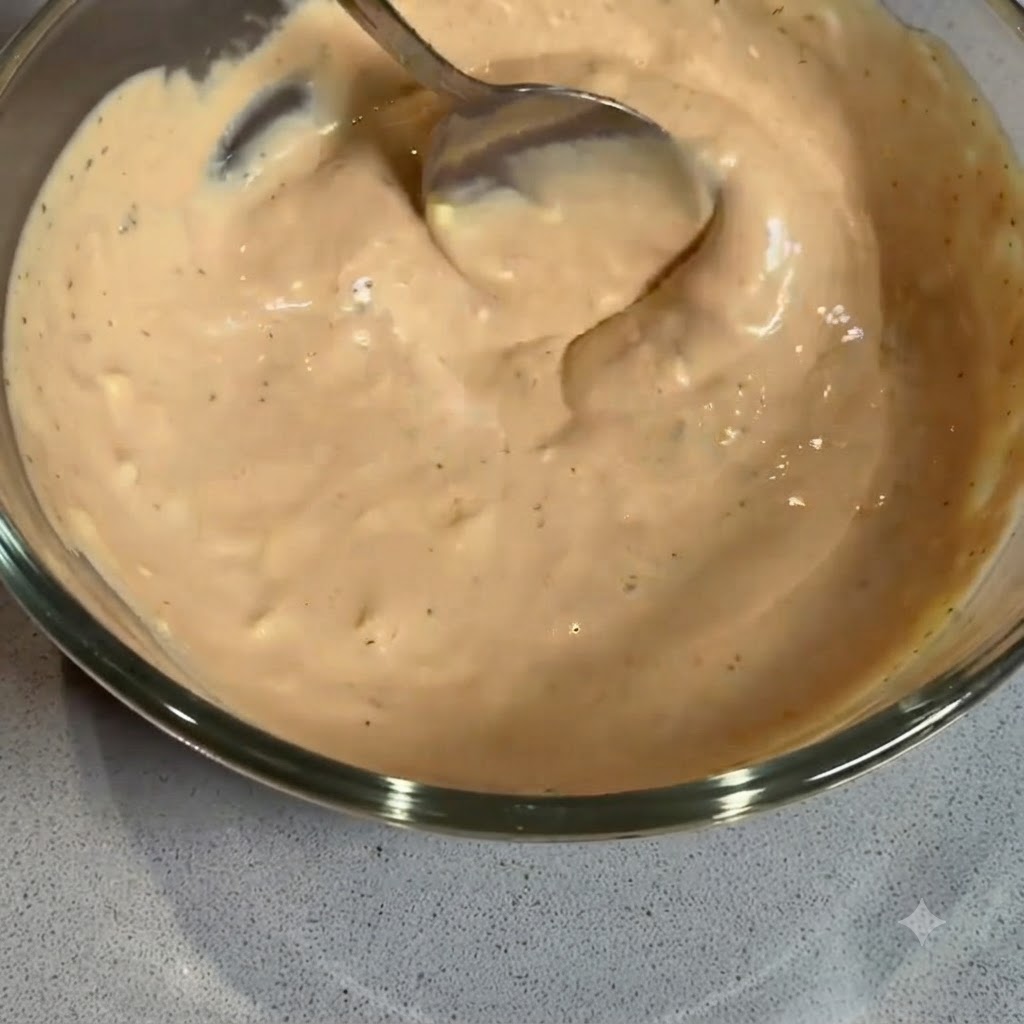 Una cuchara removiendo una salsa de hamburguesa cremosa de color naranja claro dentro de un bol de vidrio transparente.