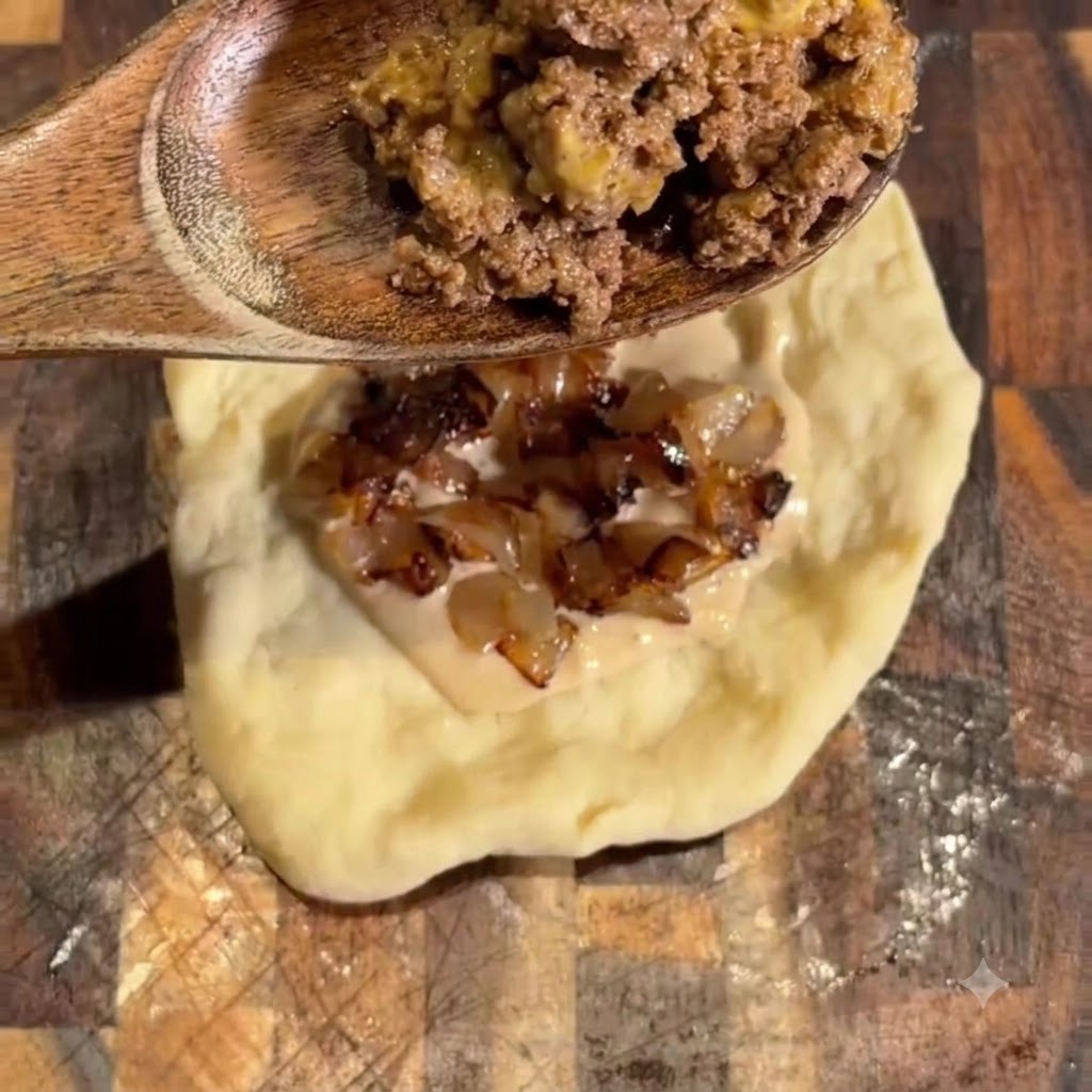 Carne picada cocinada siendo añadida con una cuchara de madera sobre las cebollas y la salsa.