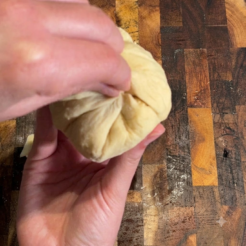 Manos juntando y pellizcando los bordes de la masa para sellar la bomba de hamburguesa con queso.