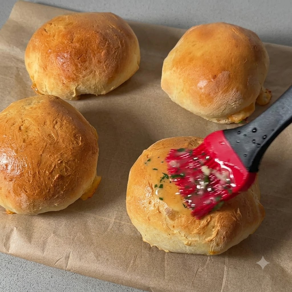 Una brocha de silicona esparciendo mantequilla de ajo fundida y hierbas de manera uniforme sobre la parte superior de un panecillo dorado horneado.