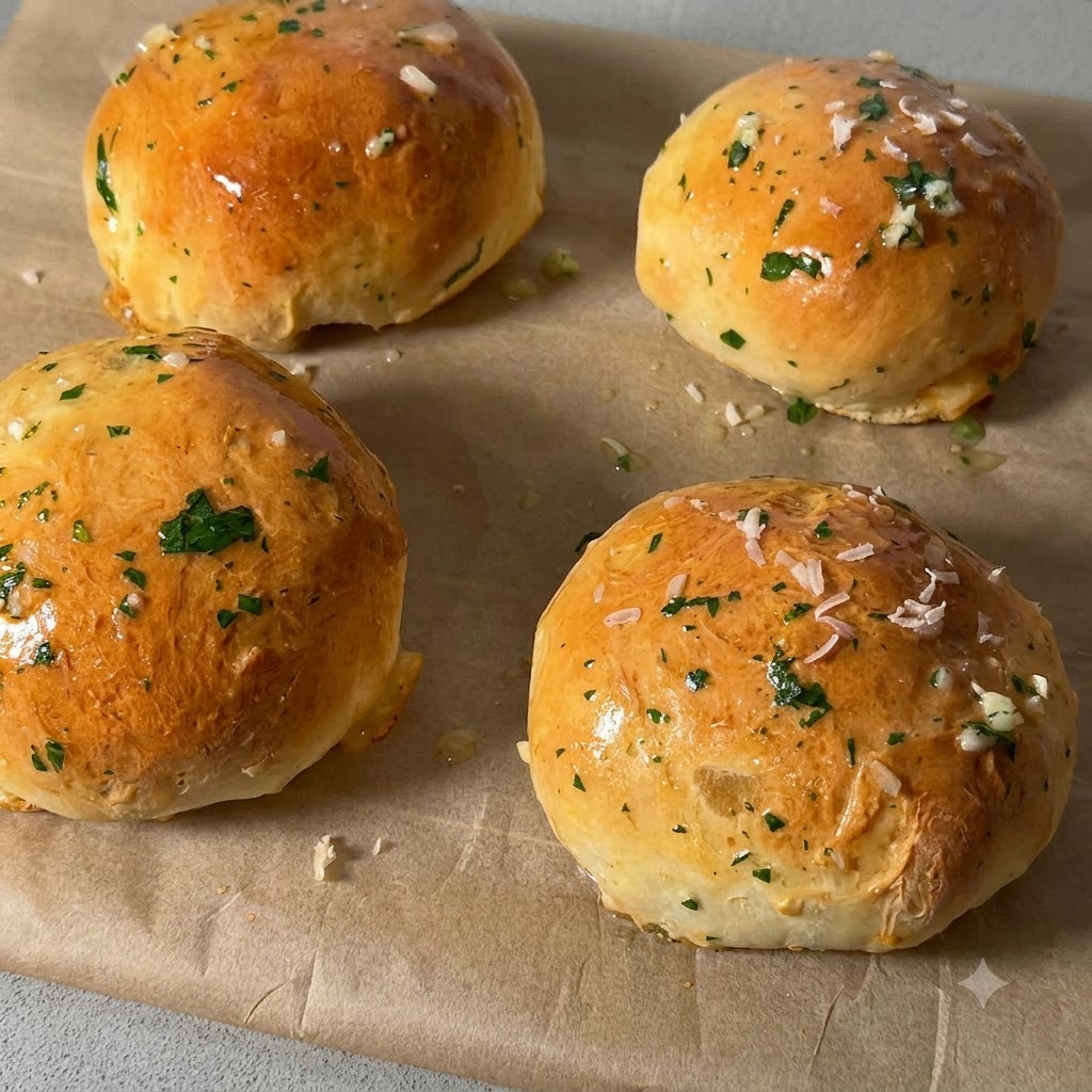 Copos de queso parmesano recién rallado y hierbas verdes finamente picadas esparcidos sobre la parte superior de los panecillos dorados glaseados.