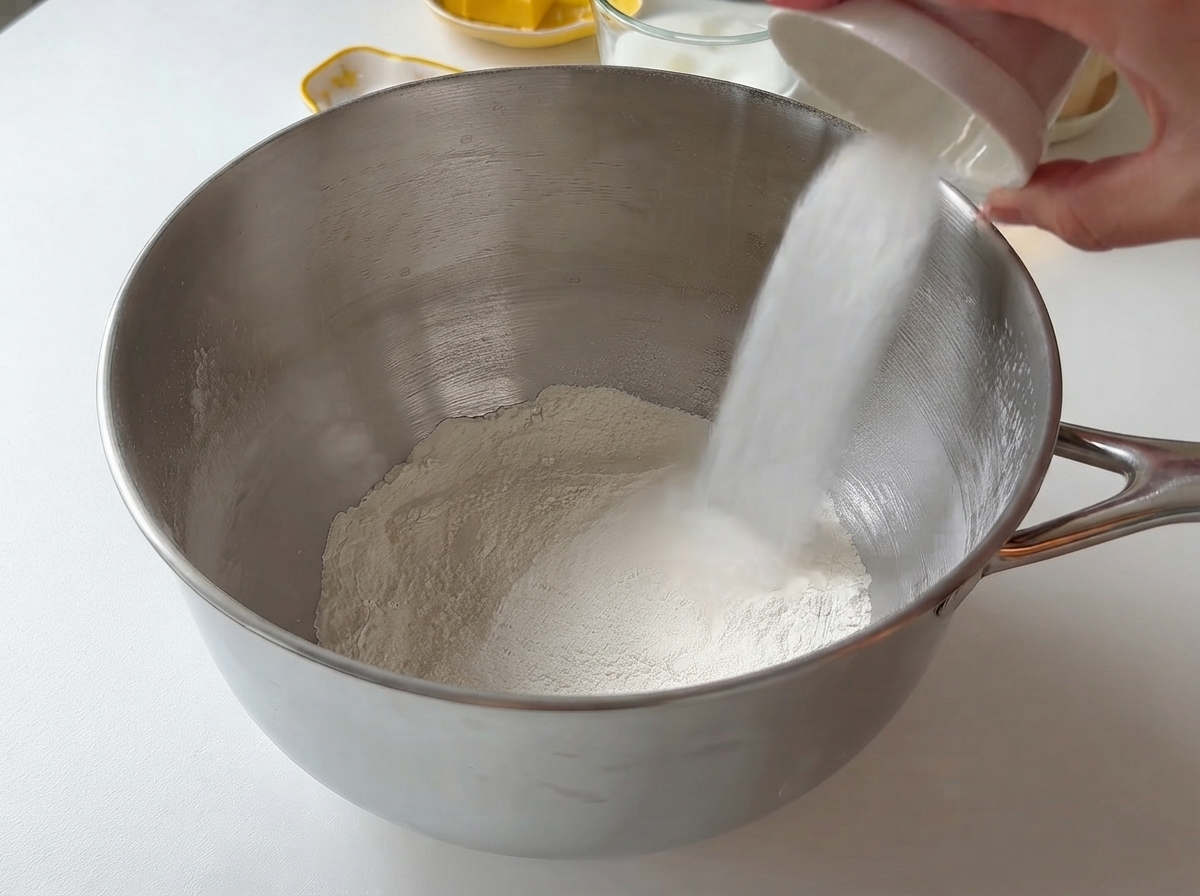 Ingredientes secos y húmedos siendo vertidos en un bol de mezcla de metal grande.