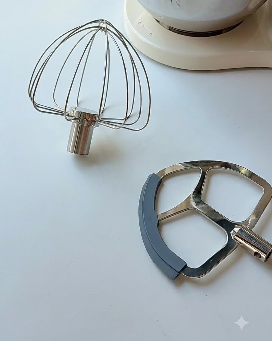 Un accesorio de varillas y un accesorio de gancho para masa de una batidora reposando sobre una mesa blanca.