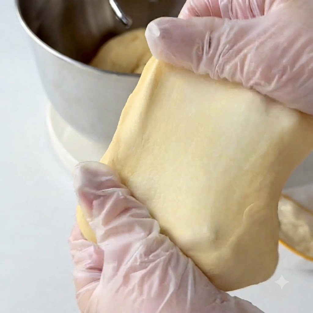 Manos con guantes estirando un trozo de masa amarillenta para probar el desarrollo del gluten.