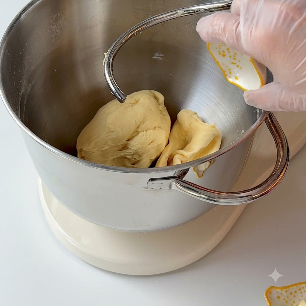 Mantequilla ablandada y queso crema siendo añadidos al bol de mezclas con la masa.