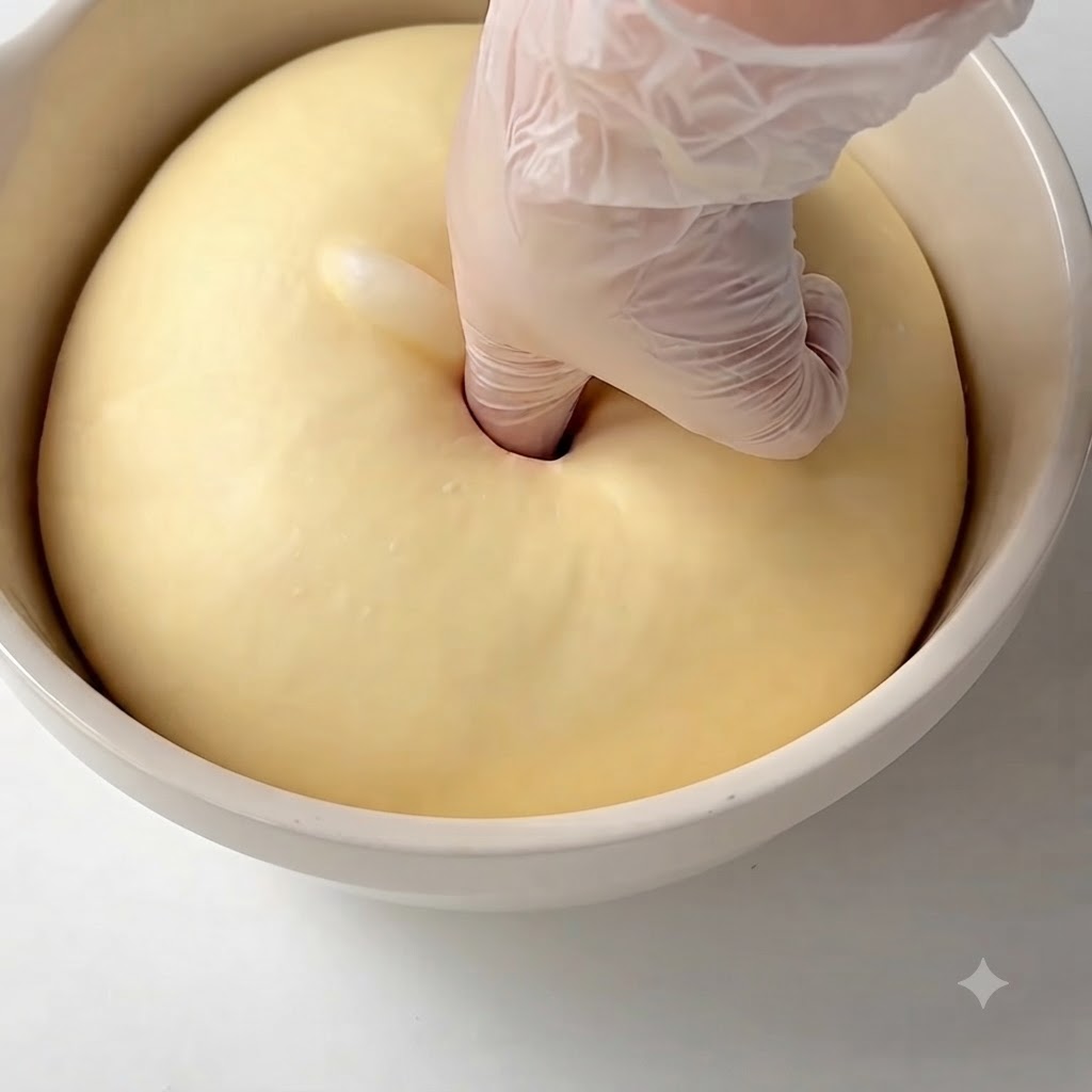 Un dedo con guante presionando el centro de una bola grande de masa fermentada y lisa en un bol de mezclas.