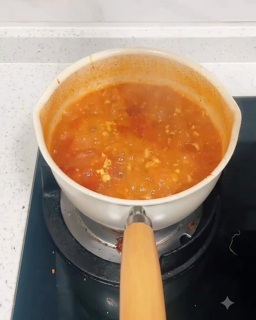 Fideos de espagueti secos sumergidos en una olla de salsa roja de carne con tomate a fuego lento.
