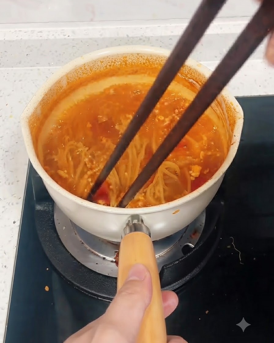 Un par de palillos oscuros mezclando fideos de espagueti en una olla de salsa roja a fuego lento.