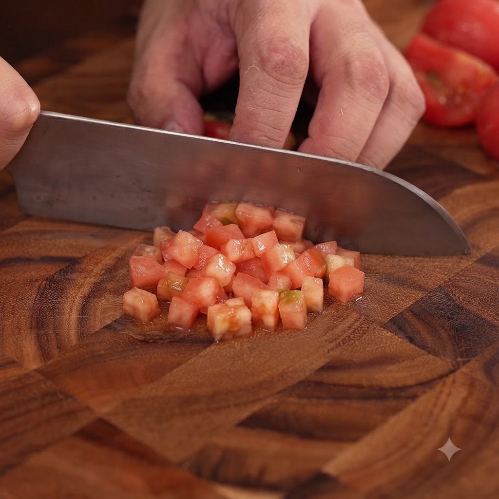 Tomates frescos pelados siendo cortados en cubos pequeños con un cuchillo grande sobre una tabla de madera.