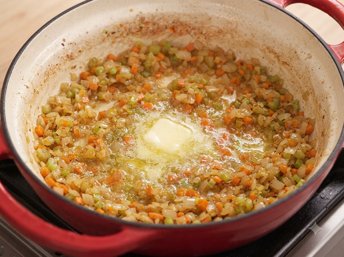 Un trozo de mantequilla derritiéndose en el centro de una sartén llena de verduras picadas sofritas.