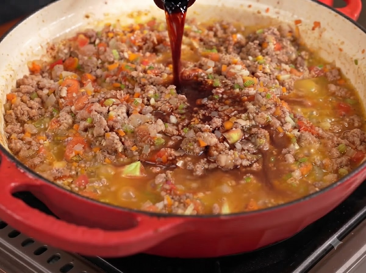 Vino tinto siendo vertido desde una botella en una olla grande roja llena de la mezcla de carne y verduras.