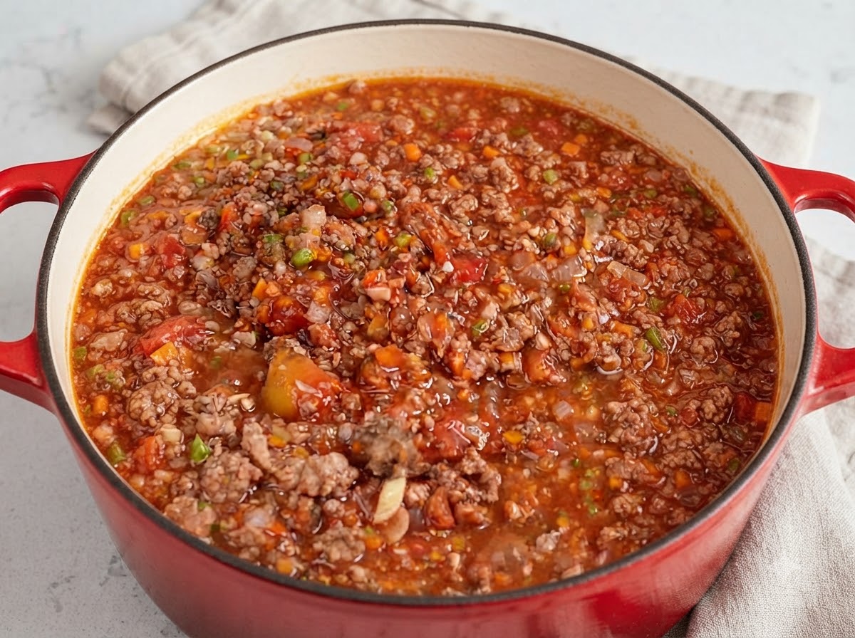 Una olla grande llena de salsa boloñesa italiana hirviendo a fuego lento con burbujas suaves.