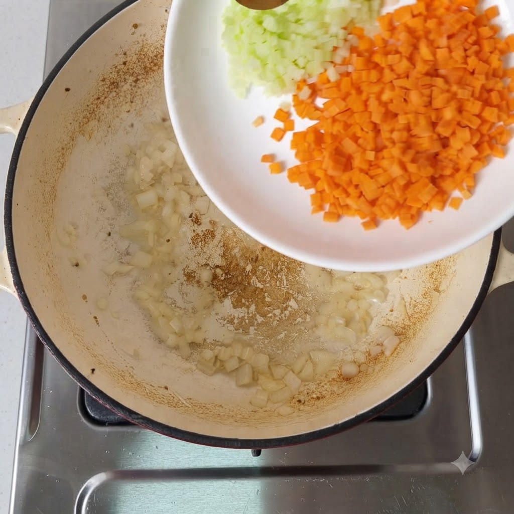 Zanahorias y apio en daditos vertiéndose en la sartén con cebollas.