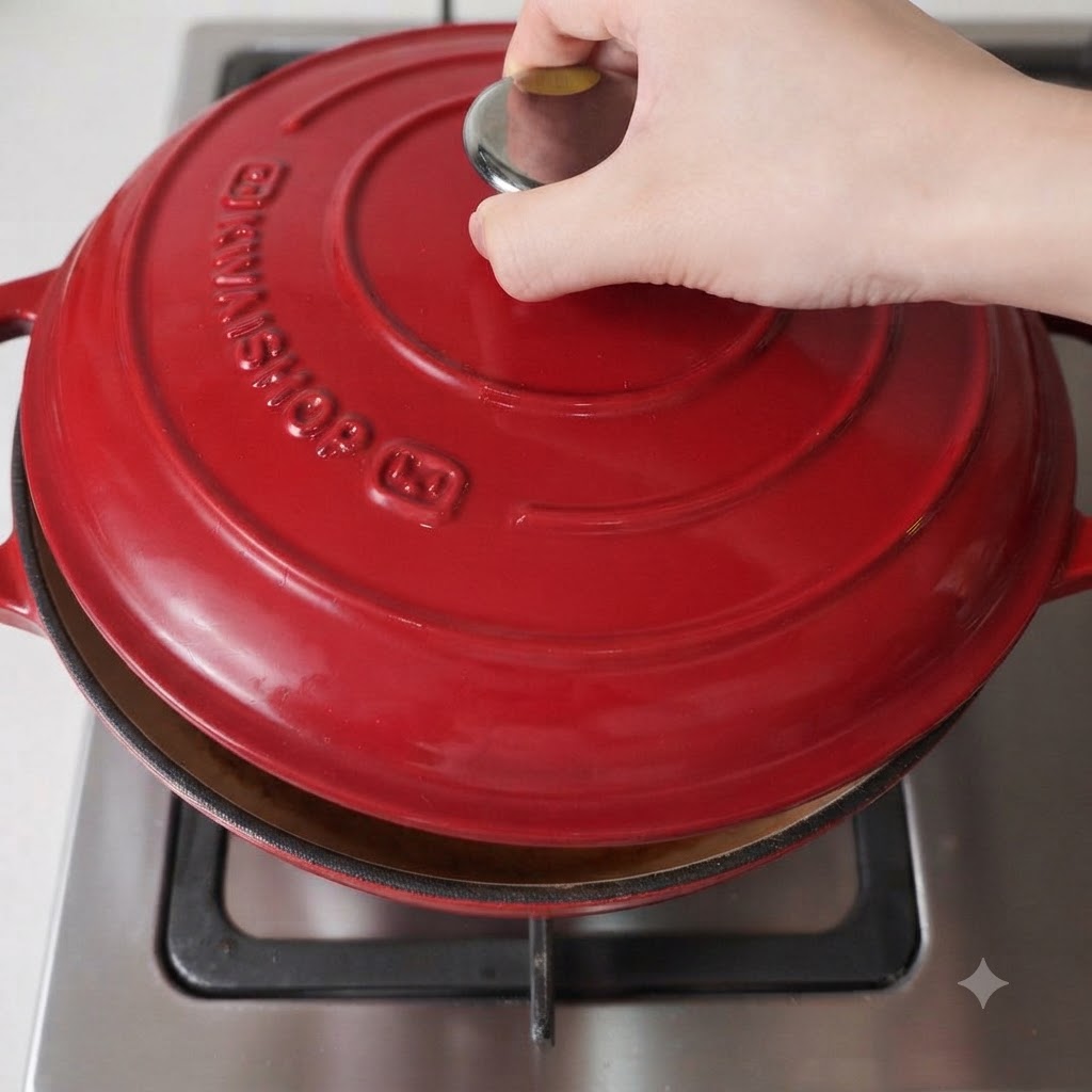 Una olla de hierro fundido roja con su tapa parcialmente cerrada, cocinándose a fuego lento en una estufa.