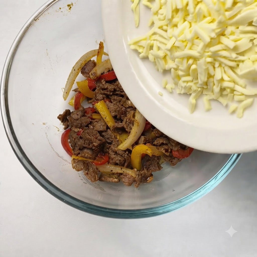 Queso mozzarella rallado vertiéndose desde un plato blanco en un bol de cristal con la ternera y verduras cocinadas.