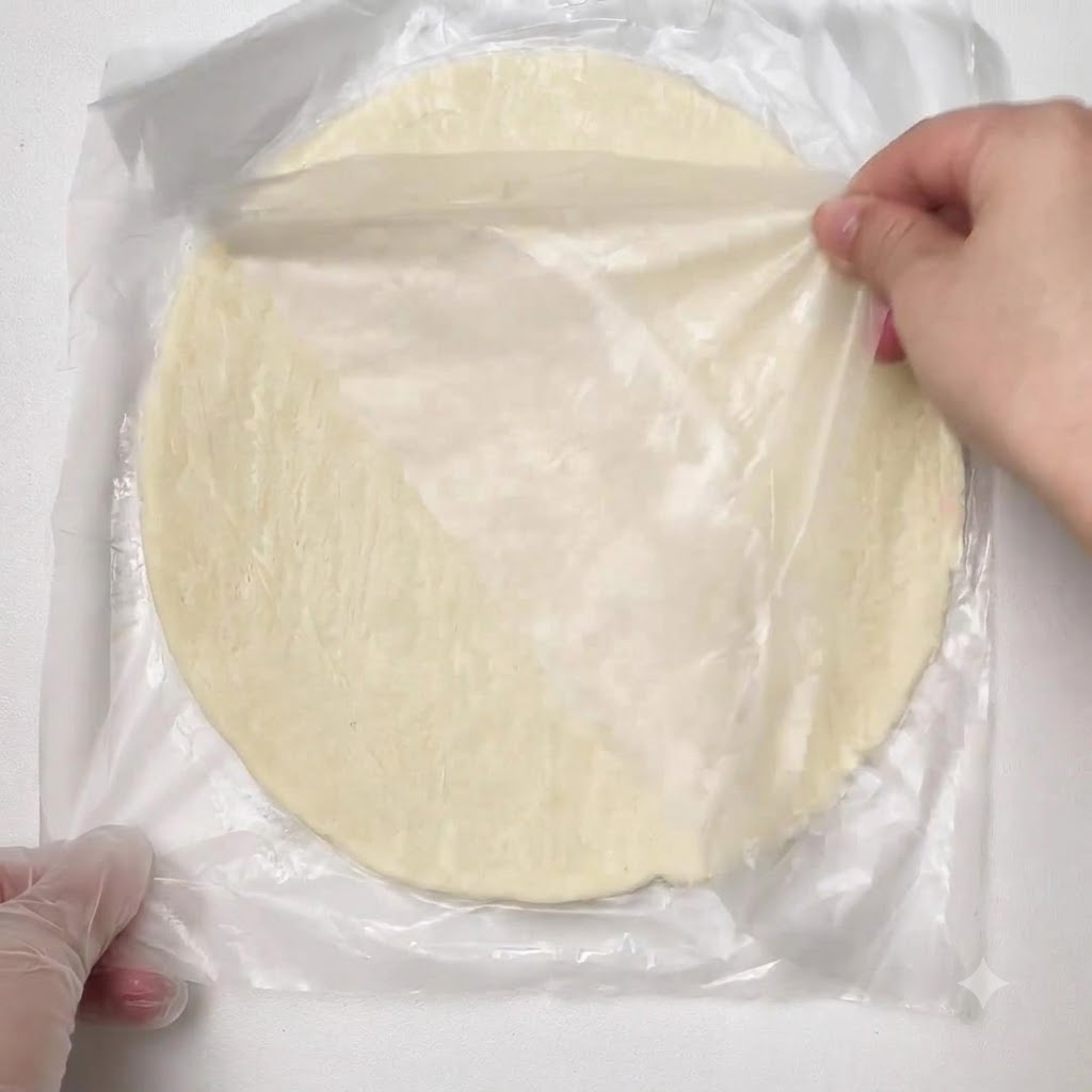 Masa de panqueque plana, redonda y descongelada colocada de forma plana sobre una lámina de película plástica con manos ajustando los bordes.